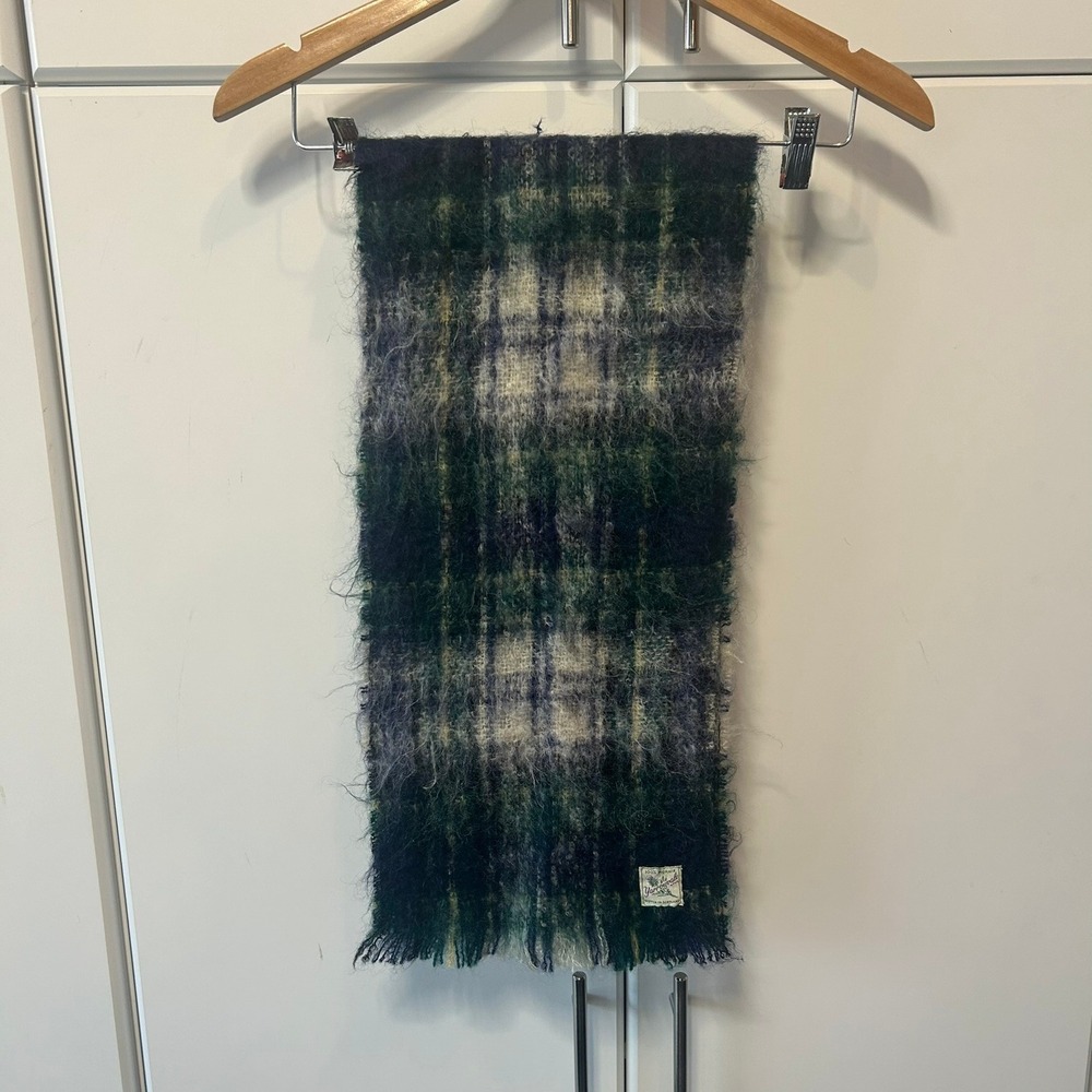 Yarrowvale 100% Mohair Scarf Woven in Scotland Green Blue Plaid Fuzzy‎ Vintage